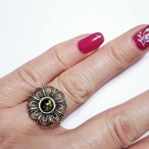 Amber Sterling Silver Flower Ring sz 6